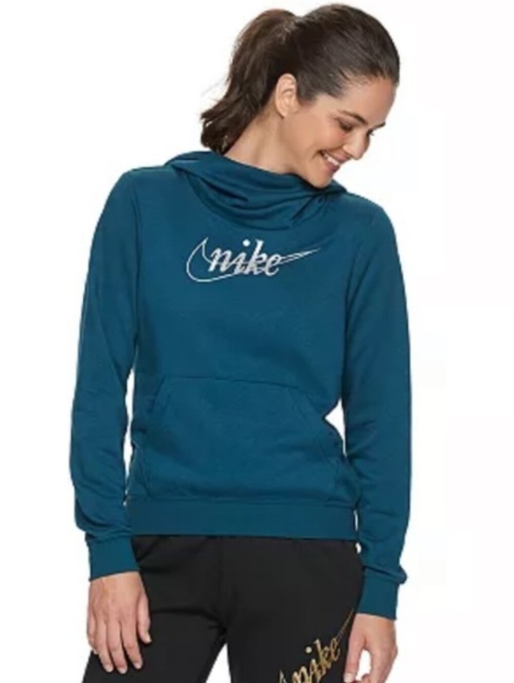 Nike Cotton Blend Funnel Neck Hoodie Sweatshirt Teal Blue Glitter Logo Size Xl